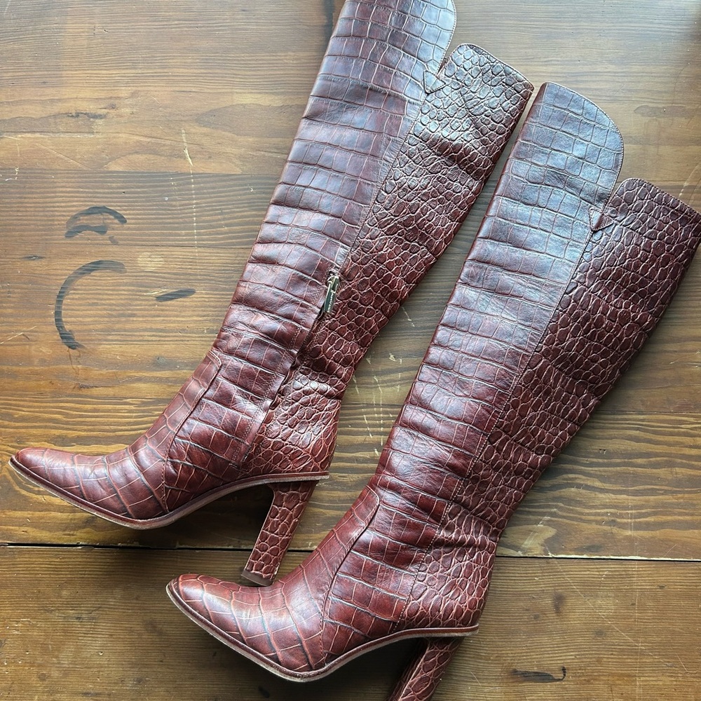 Vince Camuto Women Brown Palley Over the Knee Faux Croc Boots Size 7 1/2